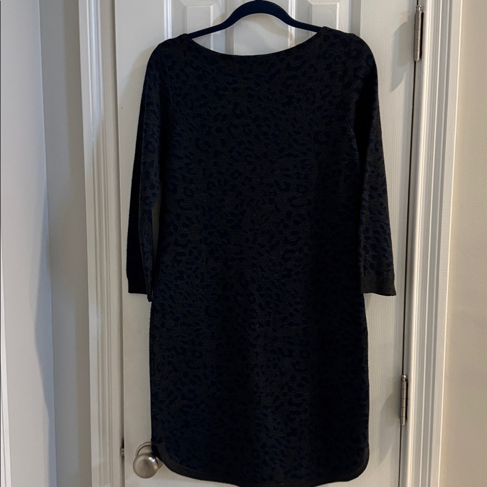 LOFT Charcoal, Navy & Blue Leopard Print Sweater Dress w/ Gray Trim - Picture 5 of 10